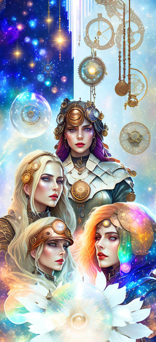 Four stylized female figures with intricate headdresses in cosmic setting.