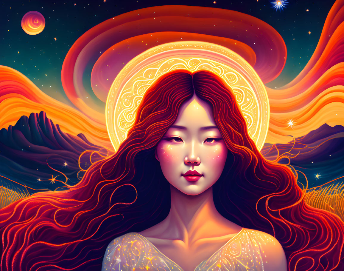 Surreal illustration of woman with red hair and celestial motifs