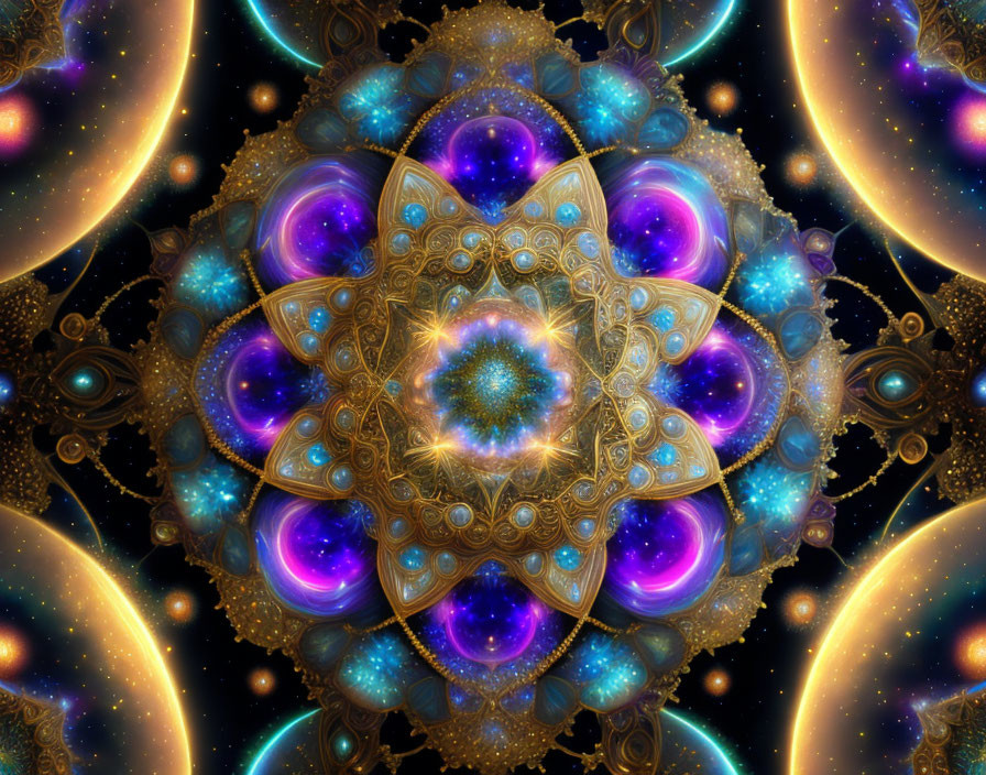 Symmetrical Mandala Fractal in Gold and Blue Hues