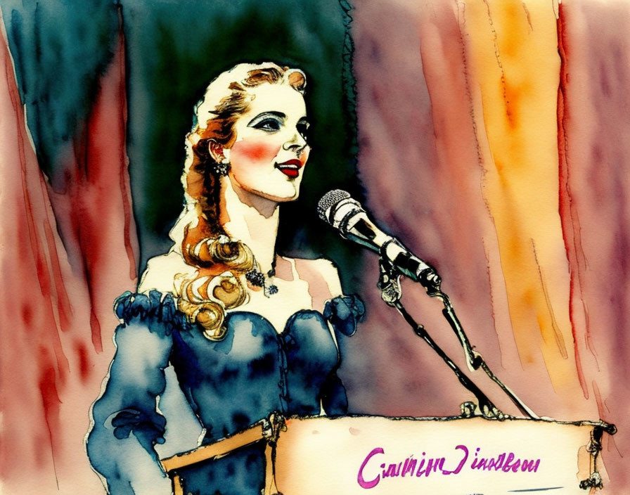 Vibrant watercolor painting of vintage female singer at microphone