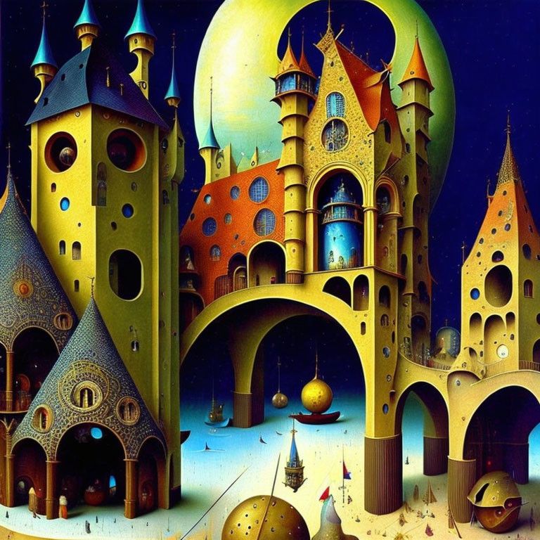Whimsical castle painting with moon, boats, and figures