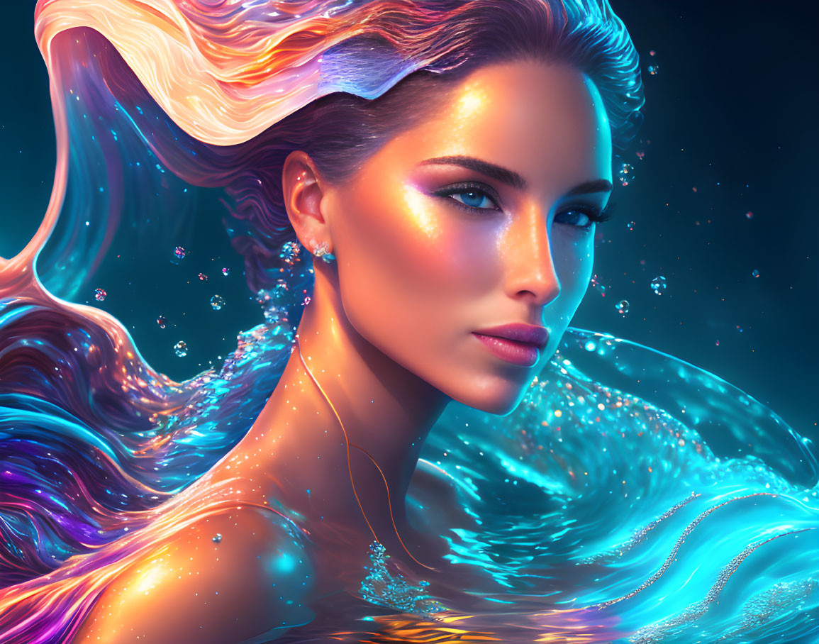Colorful woman with flowing hair blending into water on vibrant blue background