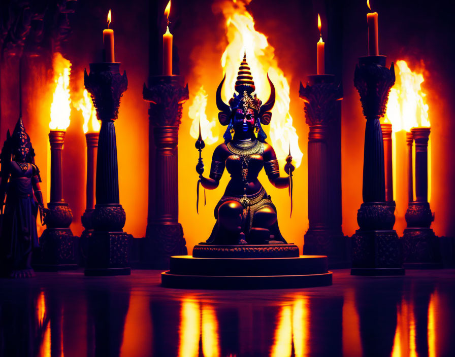 Colorful Hindu deity statue with lit candles on dark background