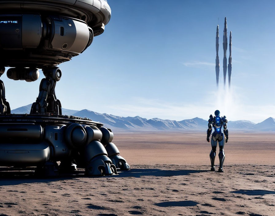 Futuristic astronaut walking to spaceship in desert landscape