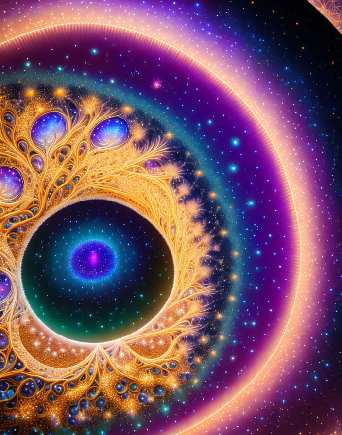 Colorful fractal art with peacock feather-like patterns in central vortex on starry cosmos backdrop
