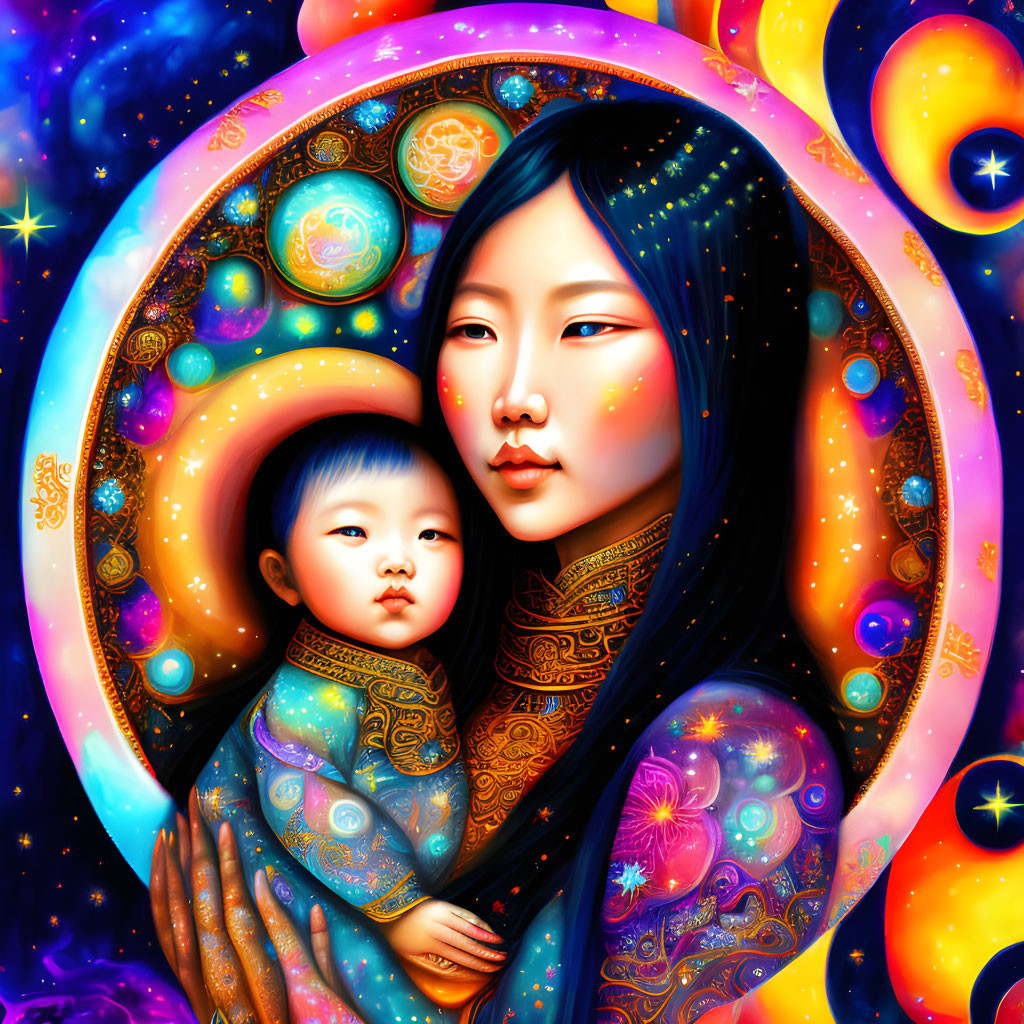 Colorful Asian Woman with Baby in Cosmic Galaxy Setting