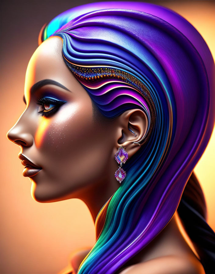 Colorful digital portrait of a woman with radiant skin and vibrant blue and purple hair.