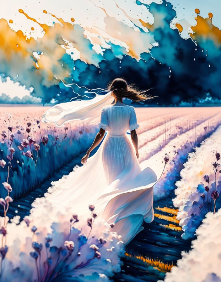 Woman in white dress strolling in lavender field with dynamic sky and paint splashes