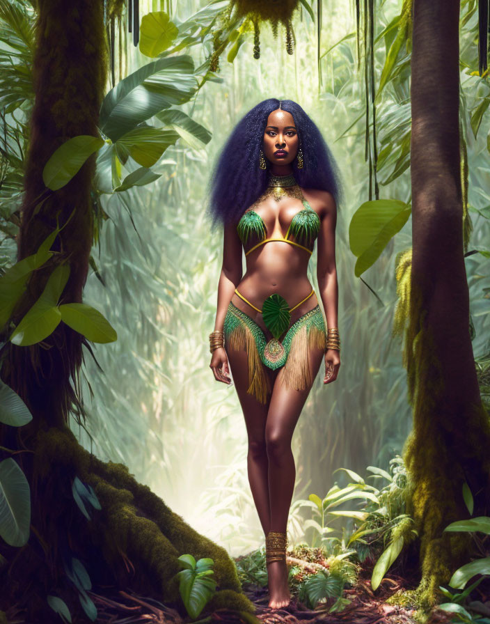 Woman in Tribal Attire Standing in Lush Forest