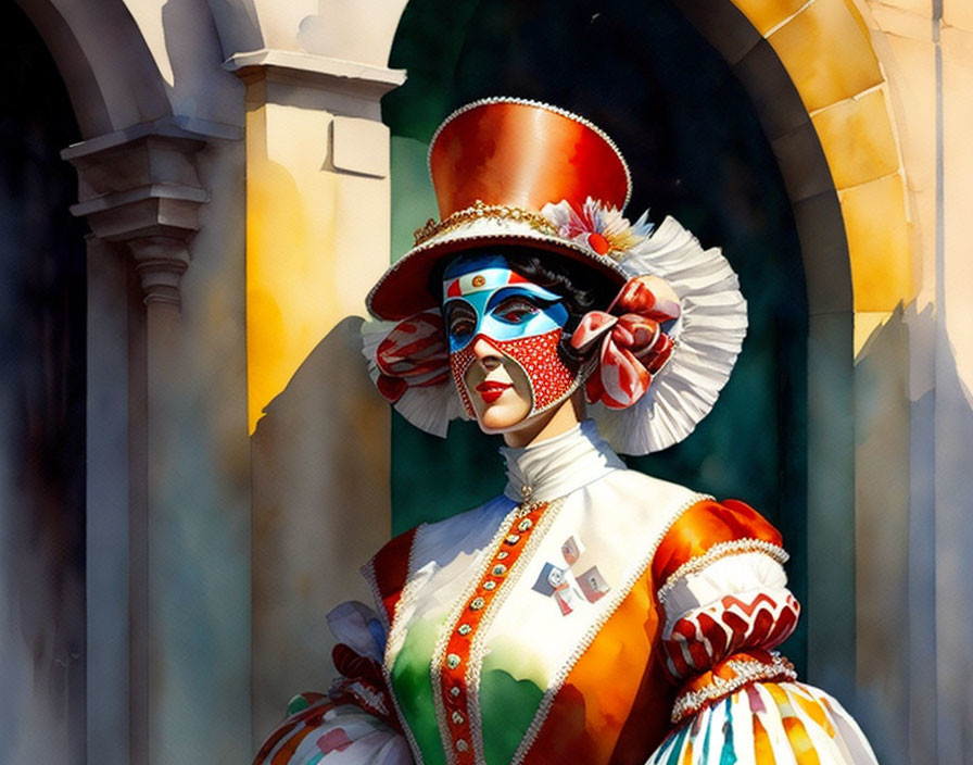 Elaborate Venetian costume with red top hat and white face mask on colorful figure
