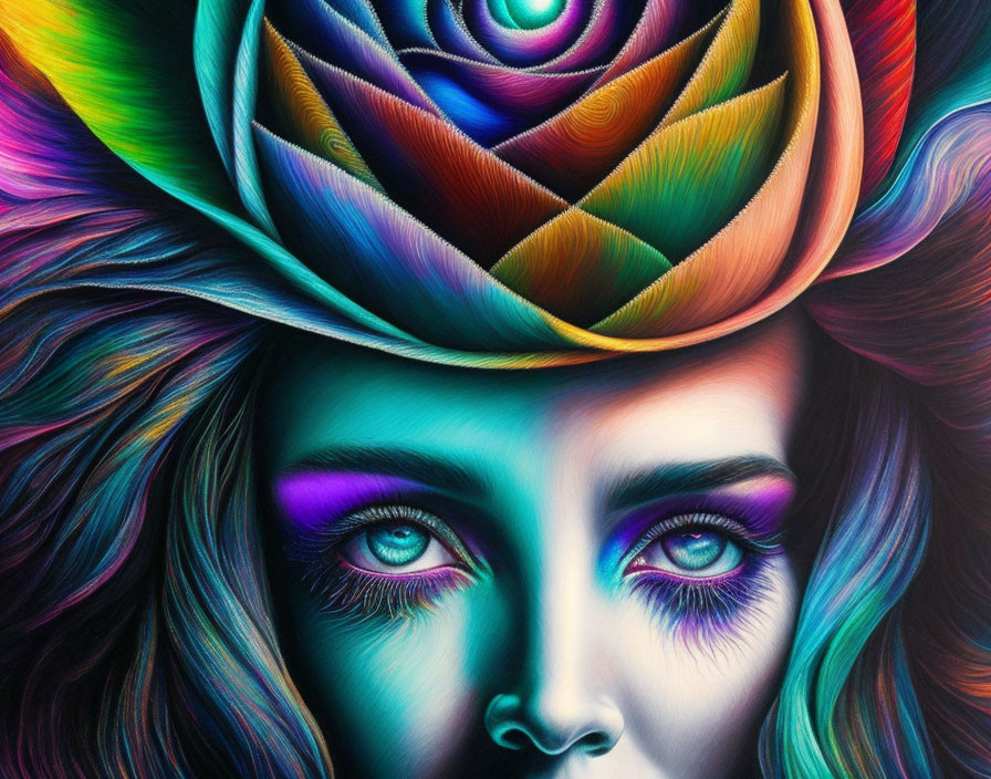 Colorful digital portrait of a woman with multicolored hair and a blooming rose.