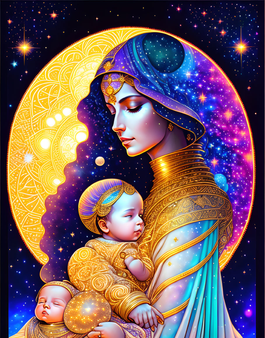 Stylized blue and gold woman with celestial motifs holding sleeping infants in mandala.