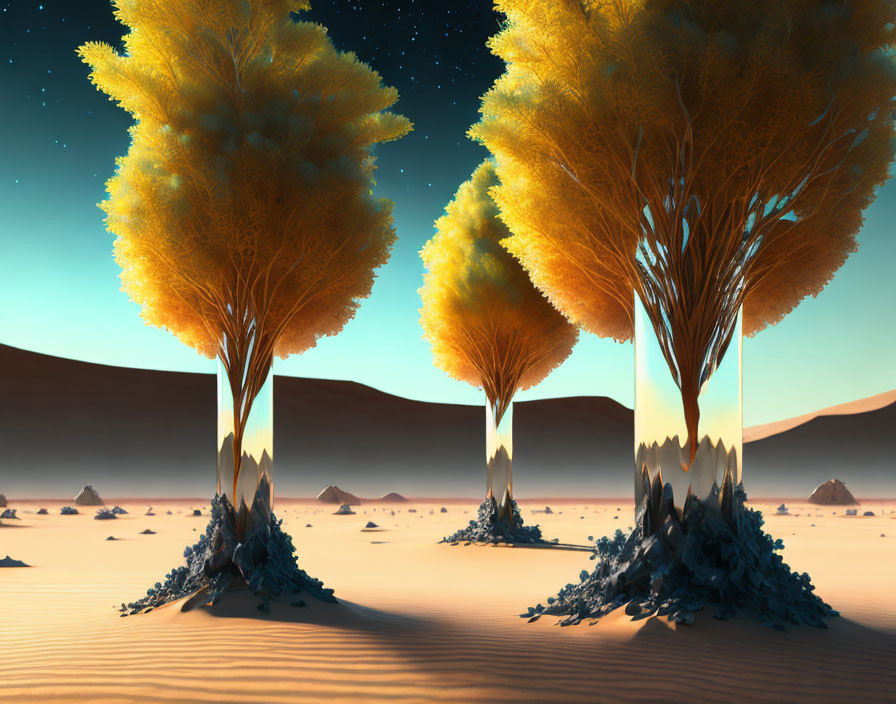 Vibrant yellow trees on fragmented rock formations in a surreal desert twilight