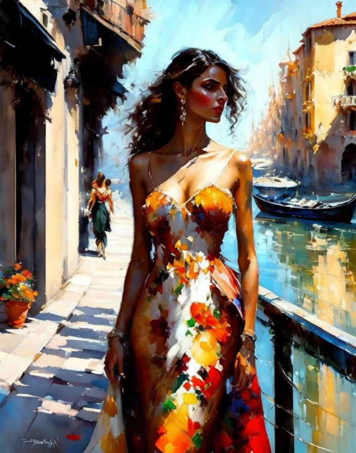 Colorful Floral Dress Woman in Sunlit Venetian Alley Painting