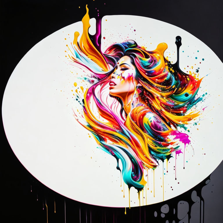 Colorful painting of woman with flowing hair in vibrant colors on black background