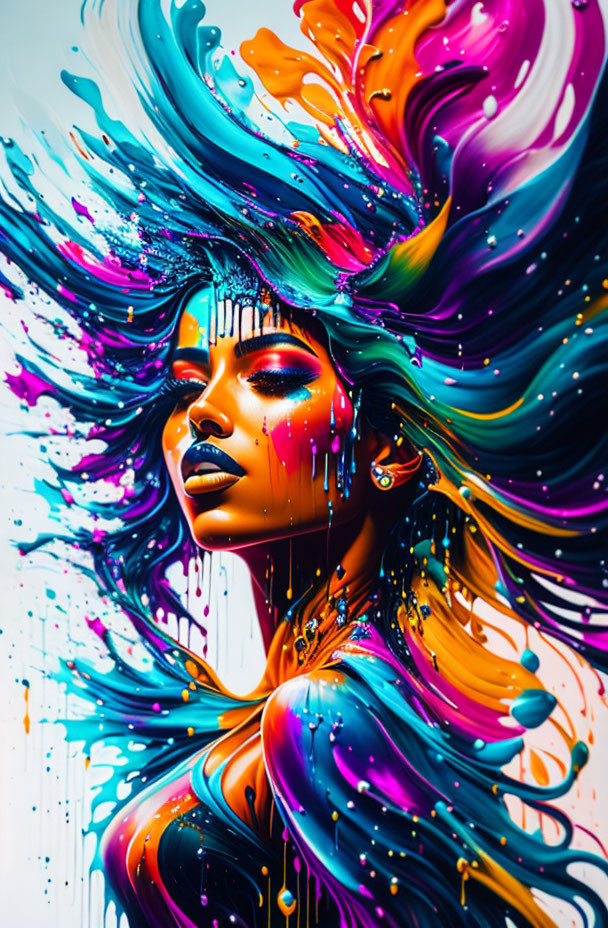 Colorful artwork of a woman with flowing hair and paint, exuding dynamic movement
