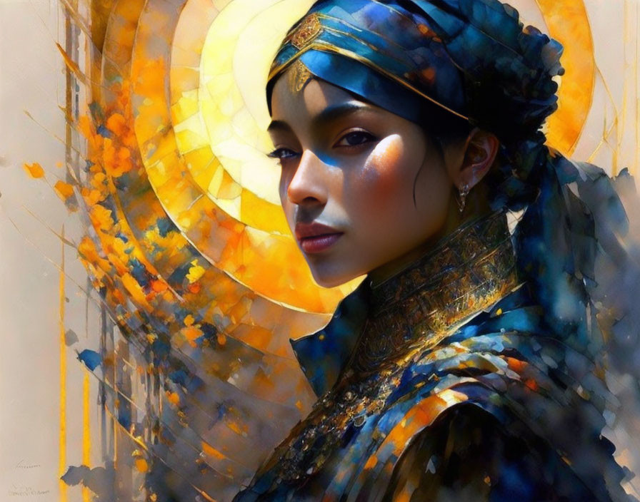 Vibrant digital painting of woman in headscarf with warm tones.