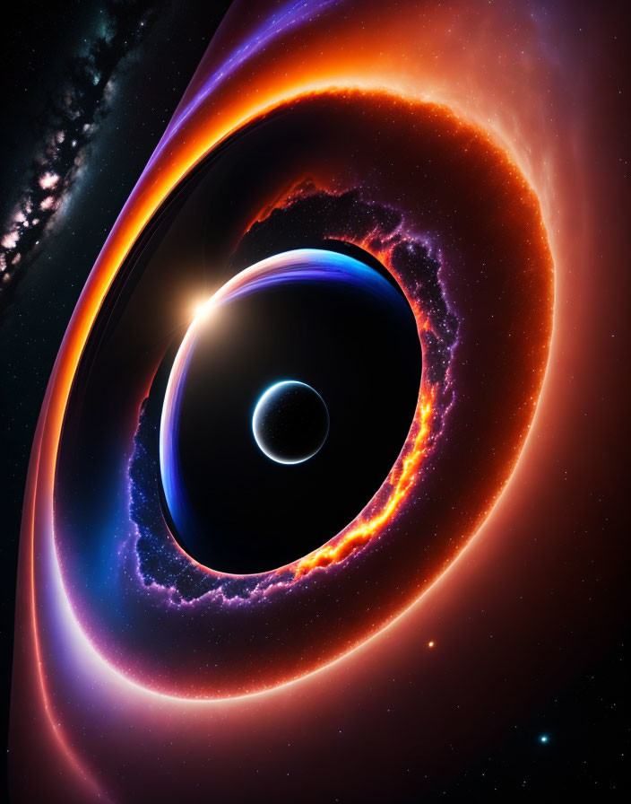 Detailed depiction of a black hole with accretion disk and light bending.