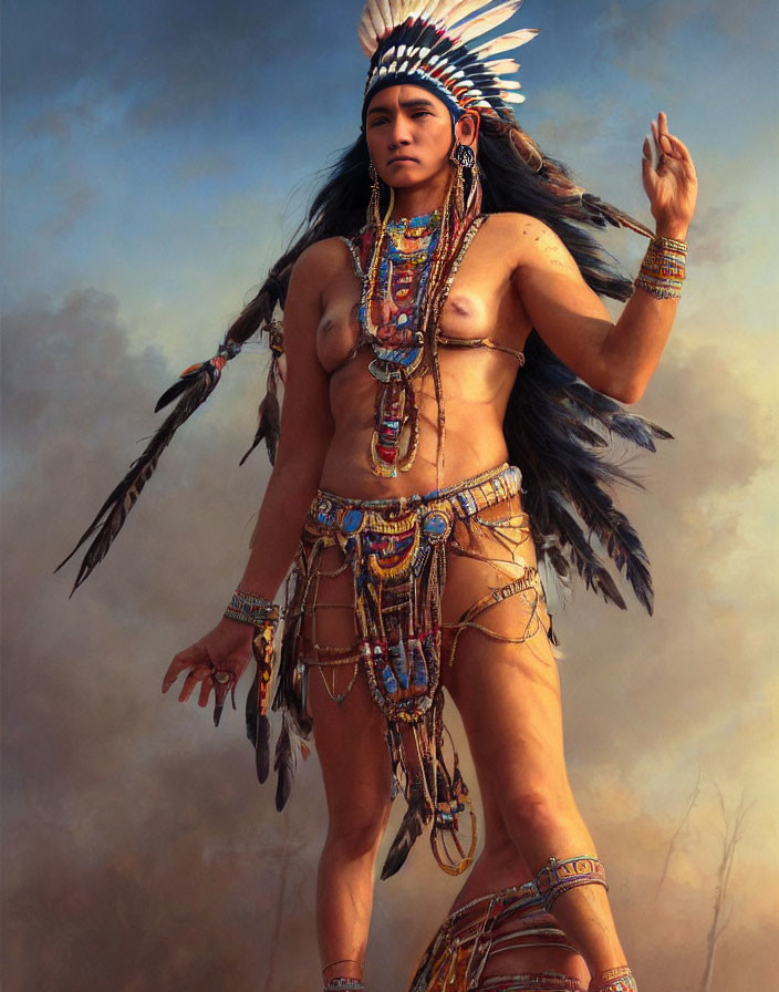 Elaborate Native American regalia with feathered headdress