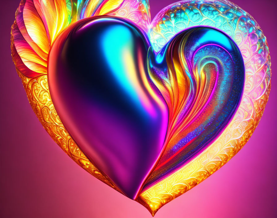 Colorful digital artwork: Swirling fractal hearts merge in vibrant hues