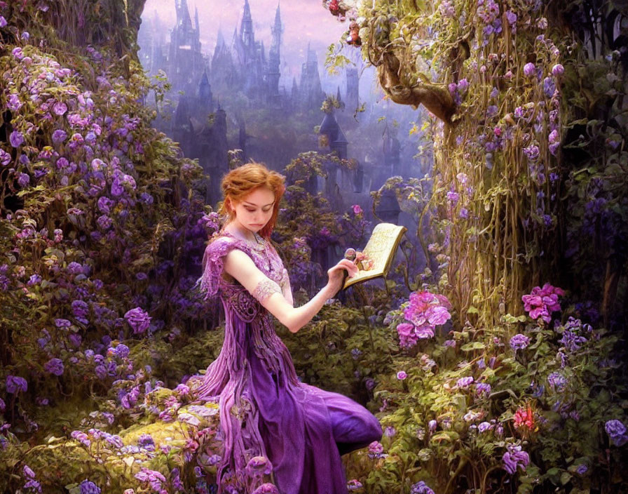 Woman in purple dress reading book in enchanting floral landscape