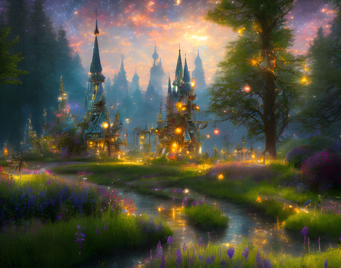 Fantasy landscape with glowing structures, lush flora, starry sky, and serene stream.