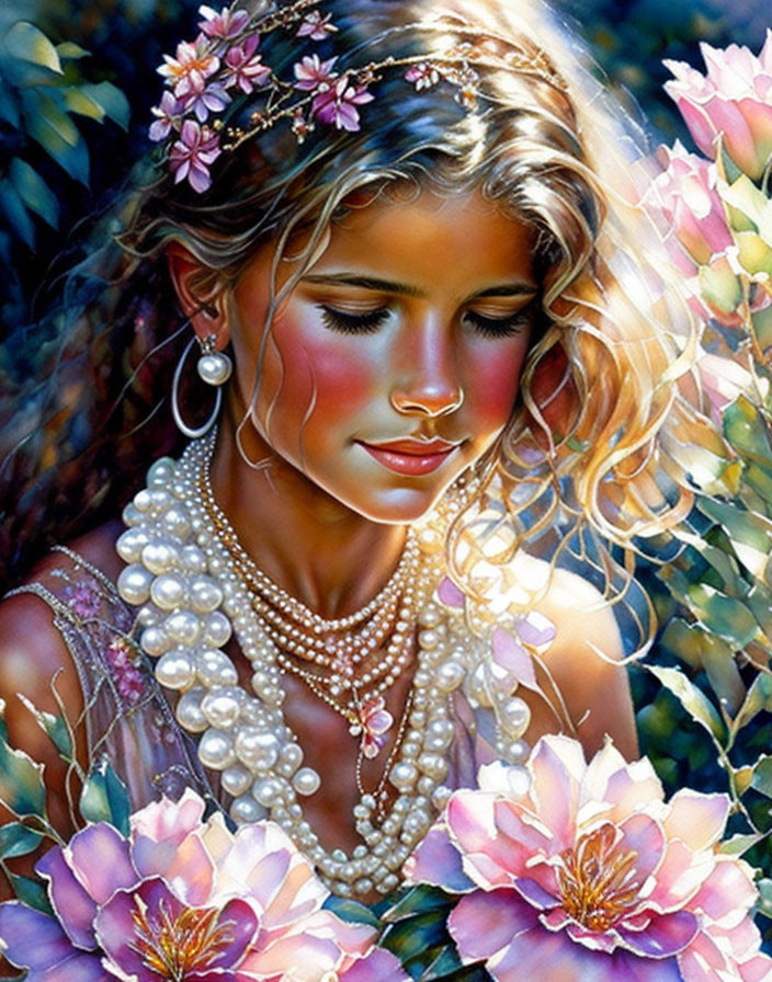 Portrait of young woman with flower-adorned hair and pearl necklaces in serene setting among pink bloss