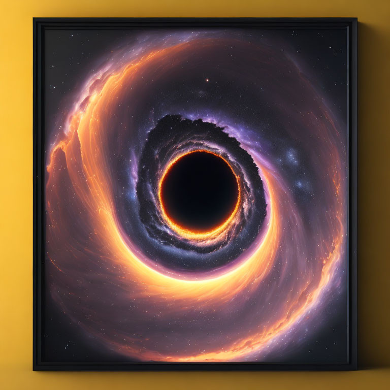 Black hole artistic rendering on yellow wall with swirling accretion disk & dynamic light effects