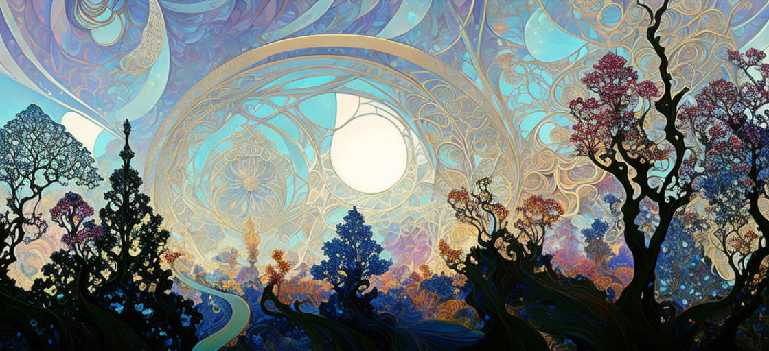 Stylized landscape with intricate trees and moon in circular frame