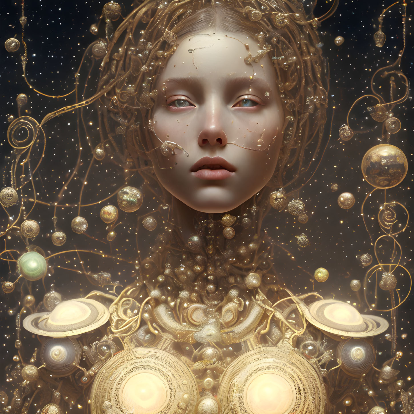 Surreal portrait of female figure with golden cosmic ornaments