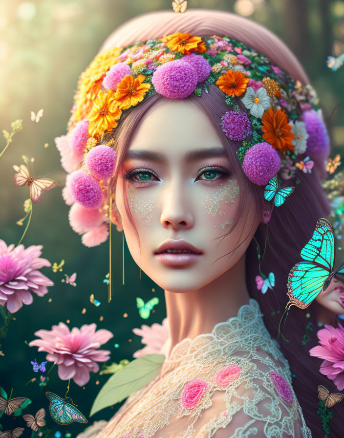 Digital Artwork: Woman with Floral Crown and Butterflies in Colorful Forest