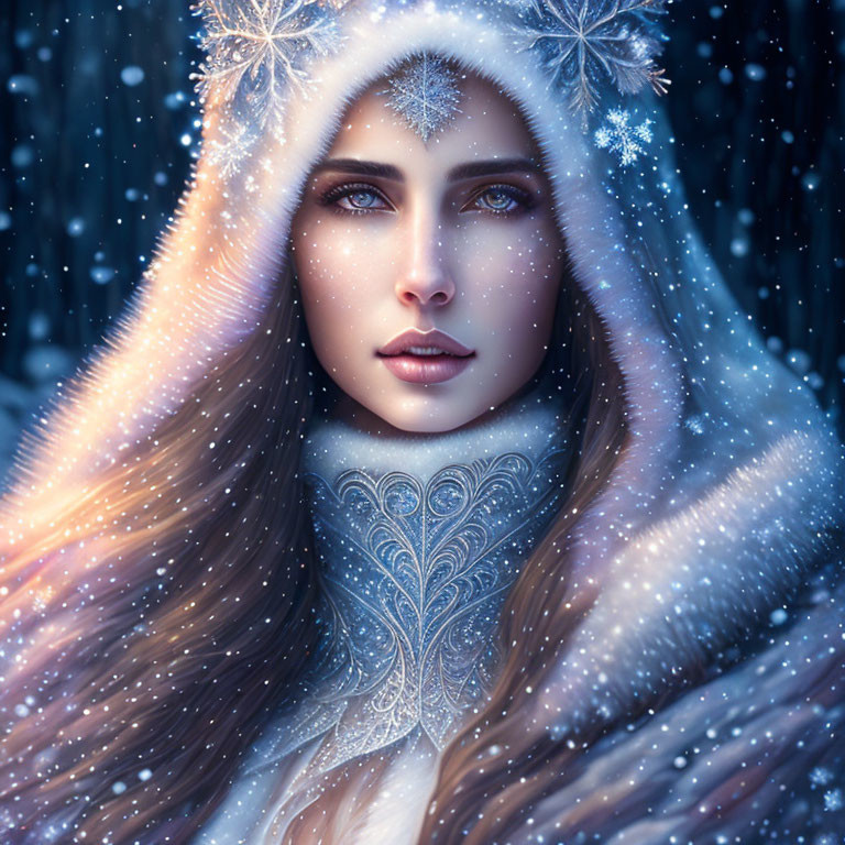 Snowy-garmented woman in intricate patterns under gentle snowfall