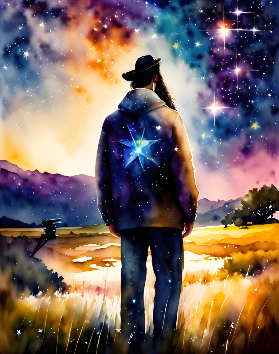 Person in jacket and hat gazes at vibrant starry night sky blending into sunset over serene landscape