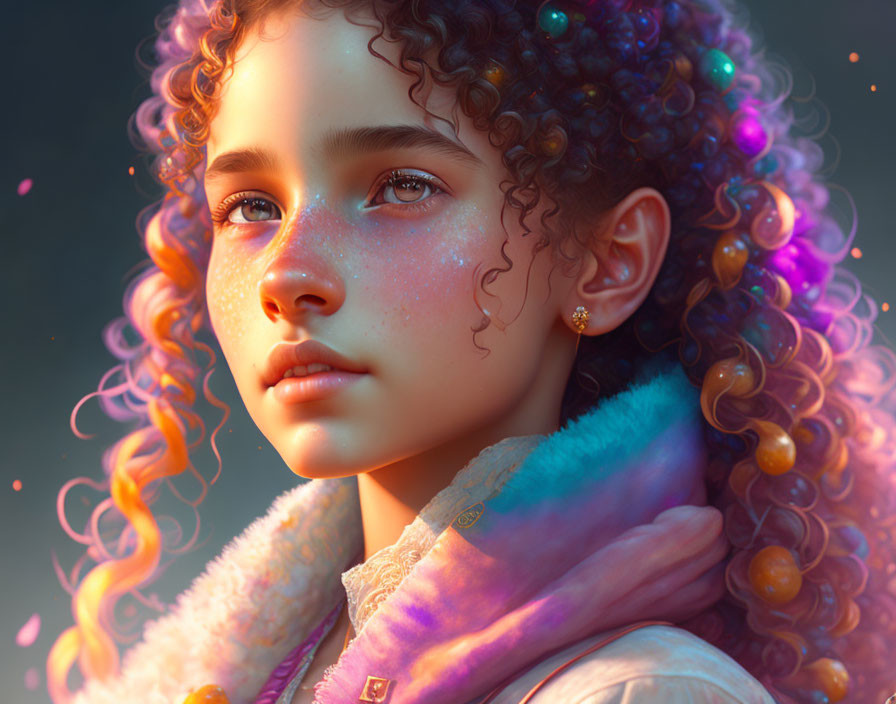 Young girl with curly hair and freckles in warm jacket digital portrait