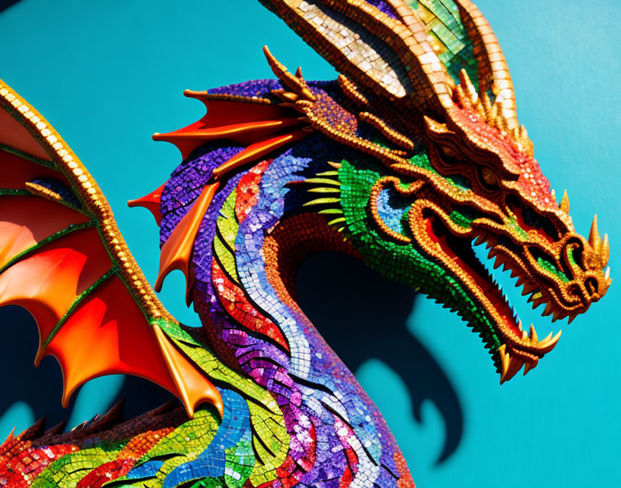 Colorful Dragon Sculpture with Detailed Red Wings on Teal Background