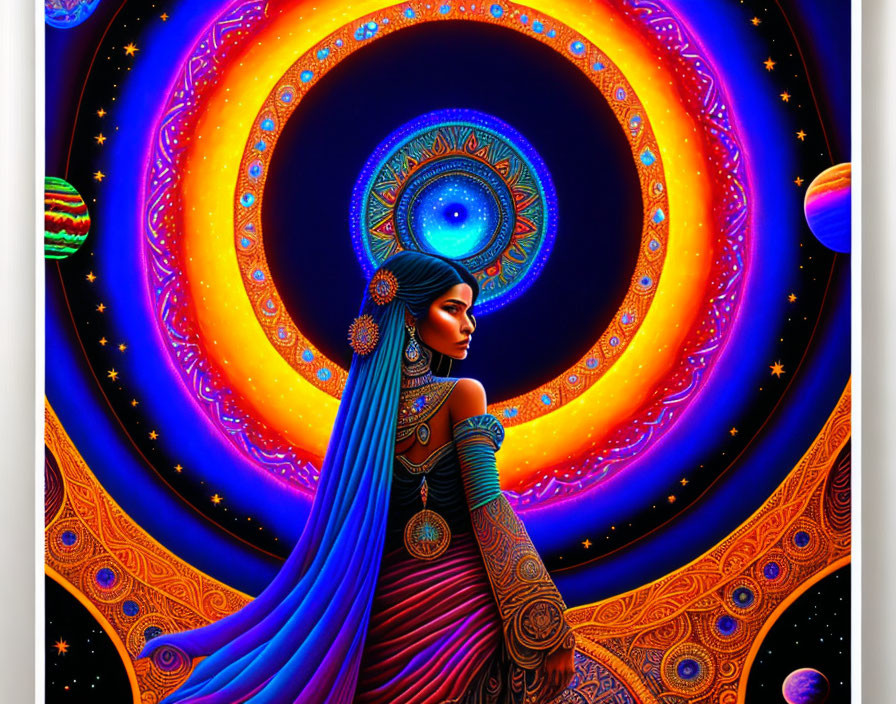 Blue-haired woman in cosmic scene with vibrant celestial bodies