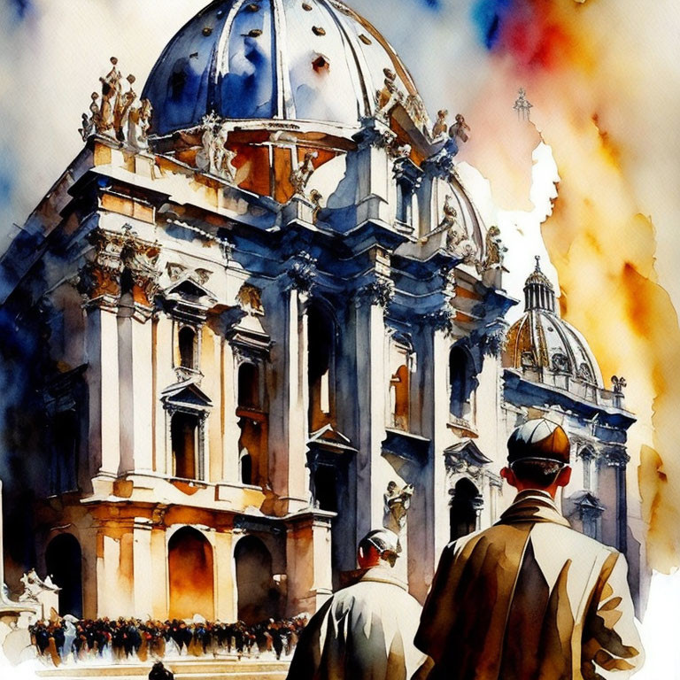Detailed watercolor painting of two individuals admiring a domed cathedral under a vibrant sky