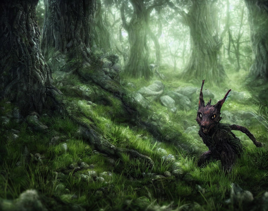 Enchanting woodland scene with moss, gnarled trees, and curious creature