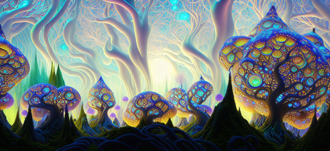 Colorful Psychedelic Landscape with Glowing Trees and Fantastical Patterns