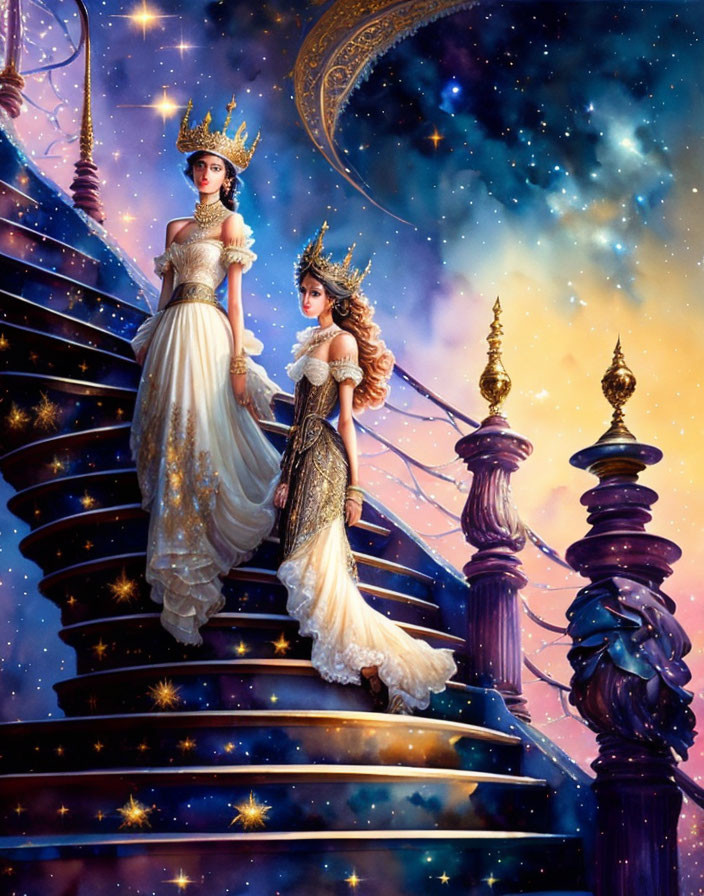Two elegant princesses in ornate gowns on magical staircase under starry night sky.