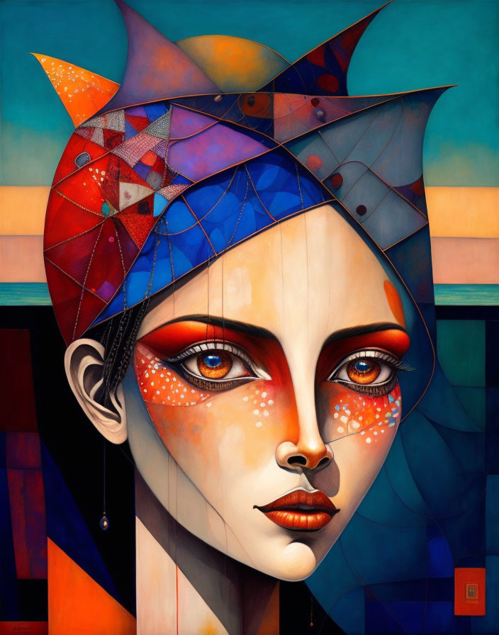 Colorful geometric portrait of a woman with spiky headdress on abstract backdrop