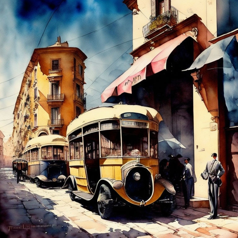 Vintage Watercolor Painting of Bustling Street Corner with Trams, Cars, and People