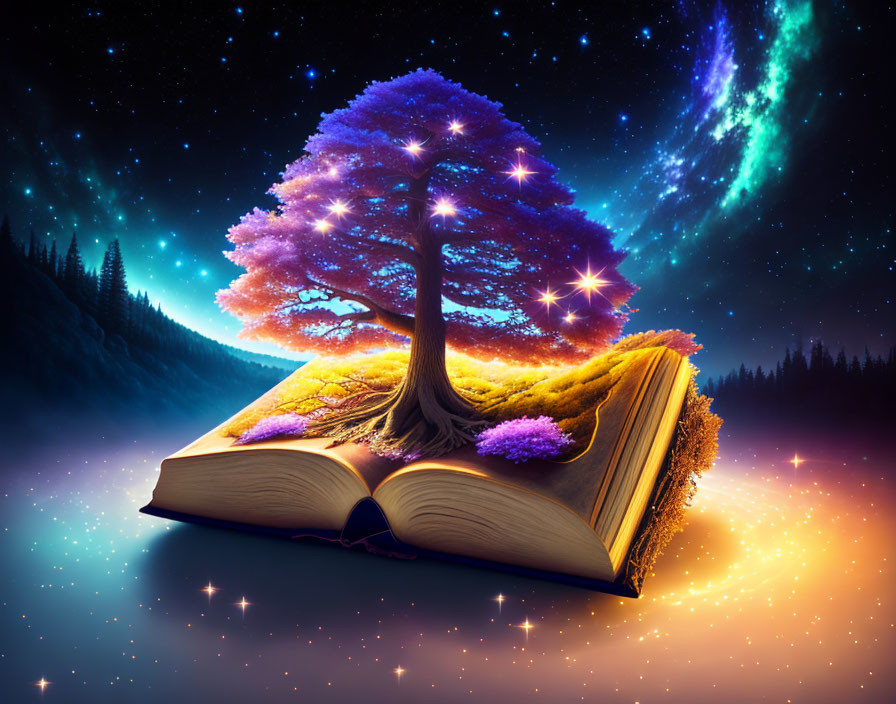 Vibrant magical tree growing from open book on starry night sky.