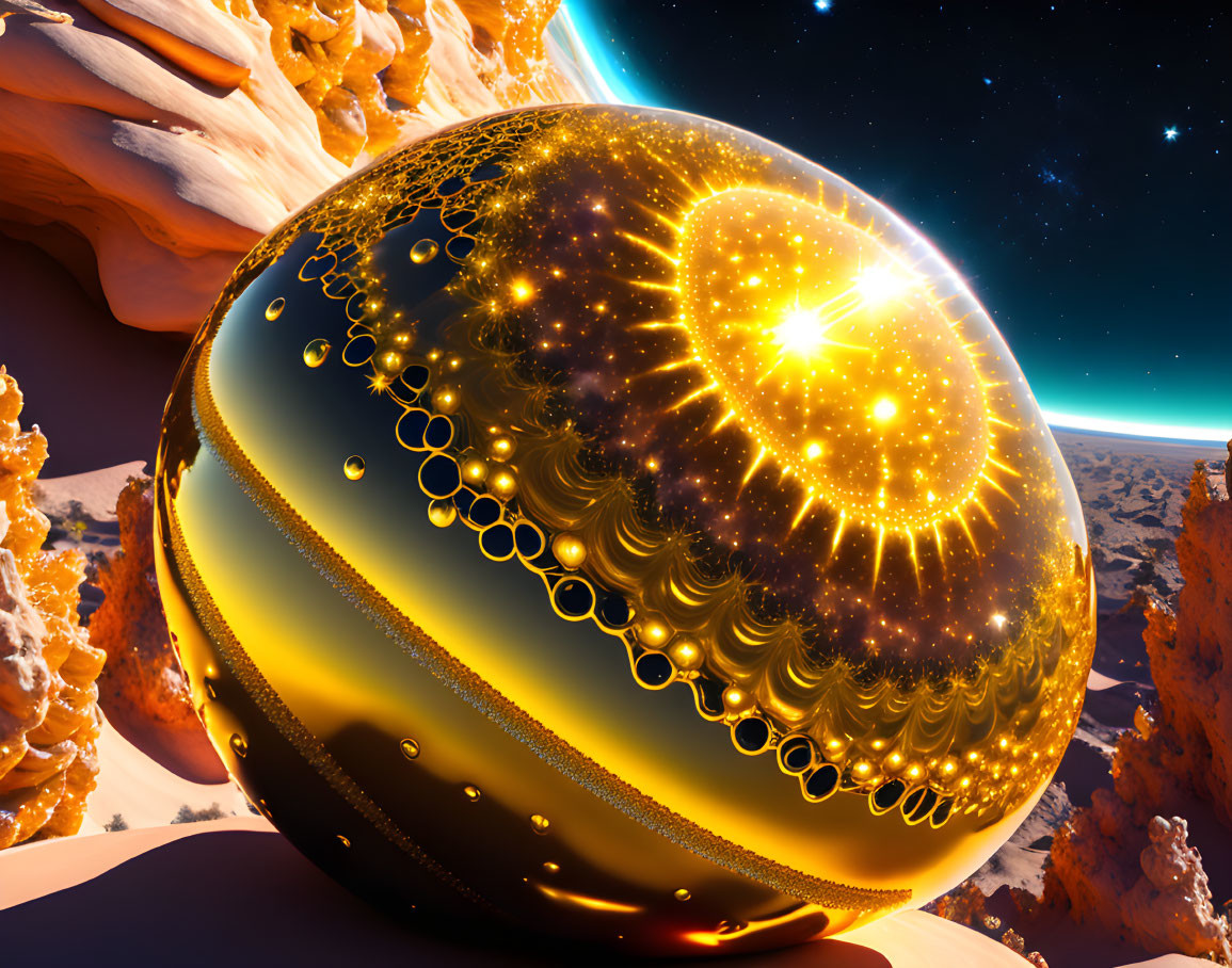 Golden Sphere on Alien Landscape with Glowing Patterns