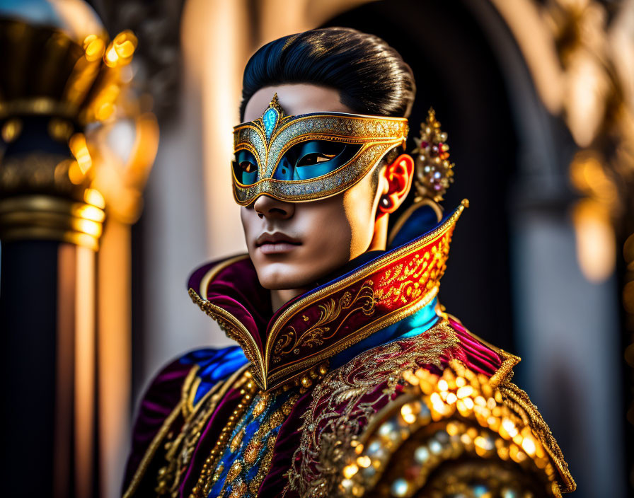 Person in ornate costume with golden mask and intricate designs in dramatic pose with soft lighting