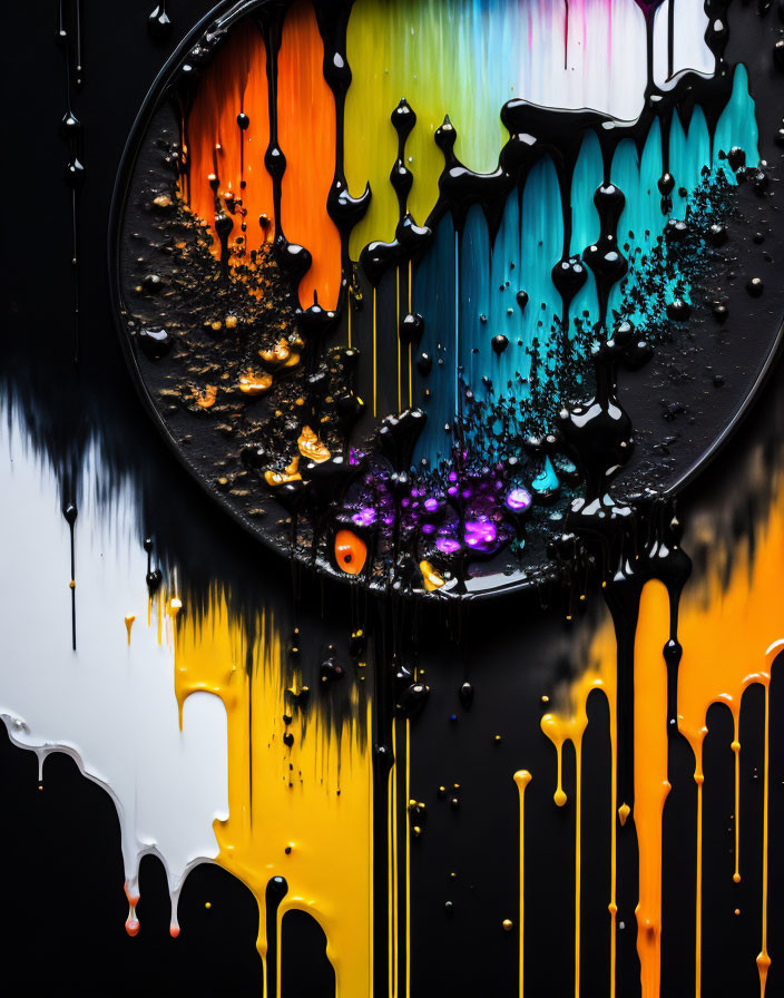 Colorful melting vinyl record with rainbow paint drips on black background