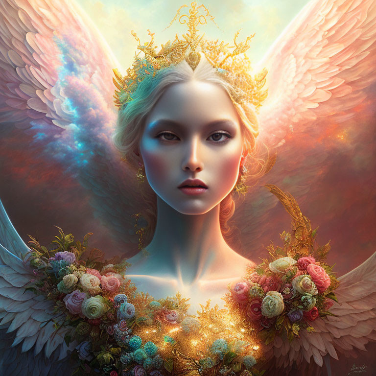 Ethereal figure with angelic wings, golden crown, and floral garland in warm backdrop