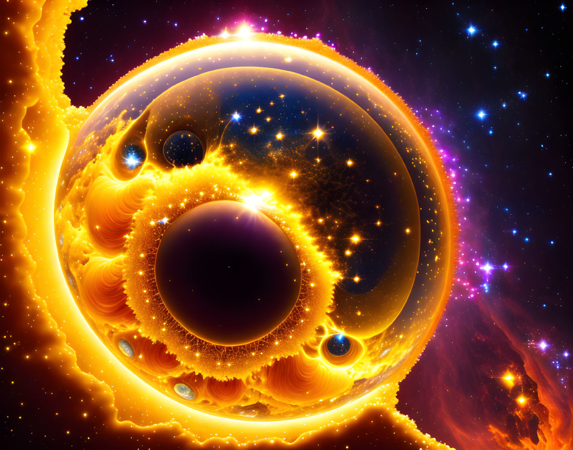 Colorful cosmic illustration with fiery orange fractal sphere and planets in deep space