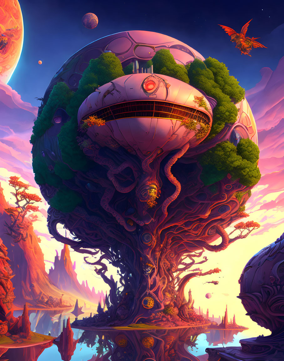 Futuristic city in fantastical tree with flying creature at twilight