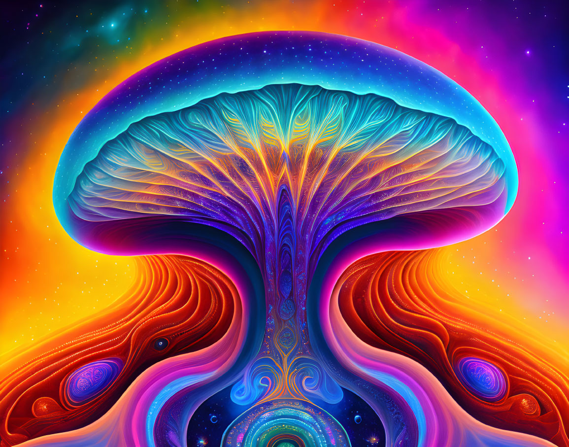 Colorful psychedelic mushroom illustration on starry nebula backdrop